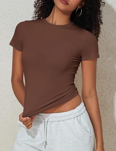 Hilor Women's Casual Basic T-Shirts Going Out Crop Tops Cotton Short Sleeve Tees Tight Fitted Crewneck T Shirts - Coffee - 6-8 thumbnail 3