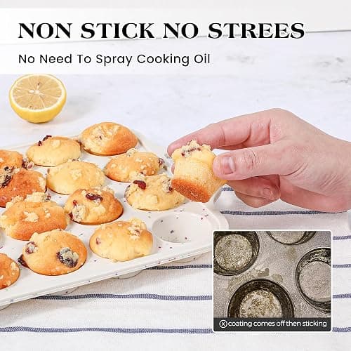 AOTASO Regular 12 Cup and Mini 24 Cup Nonstick Cupcake Pan Set Silicone Muffin Pan for Baking Silicone Cupcake Mold with Metal Reinforced Frame BPA Free (2 Pcs, Cream) thumbnail 4