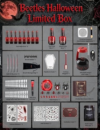 Beetles Halloween Box Vampiric Feast, Gel Nail Polish Kit with UV Light | HEMA- and TPO-Free 8-Color Gel Polish Set with Nail Tips and Stickers for Halloween DIY Nail Art and Gifts for Women thumbnail 9