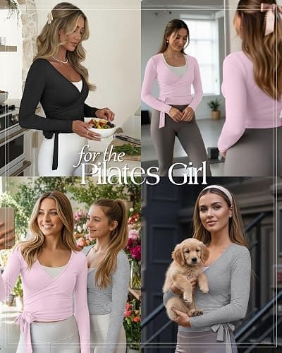 Oakgarden 3 Pack Women's Tie Wrap Tops, Long Sleeve Workout Ballet Yoga Pilates Shirts Deep V Neck Tie Front Y2k Blouses thumbnail 2