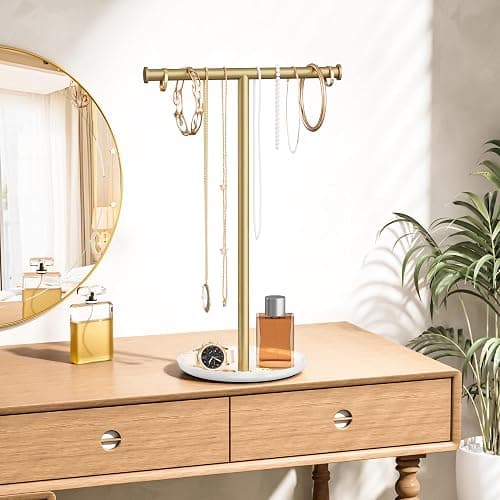 Jasopaco Gold Necklace Organizer Stand with Storage Tray - 12.6" Tall T-Shaped Jewelry Holder Stand for Bracelets, Earrings, Rings | Stylish Home & Vanity Décor for Women. thumbnail 3
