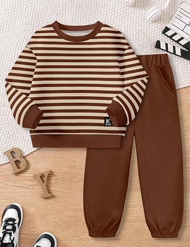 TALLWH Toddler Boy Clothes, 2-5 Years Long Sleeve Striped Pullover Sweatshirt & Solid Jogger Pants Set Baby Boy Outfits 2PCS thumbnail 5