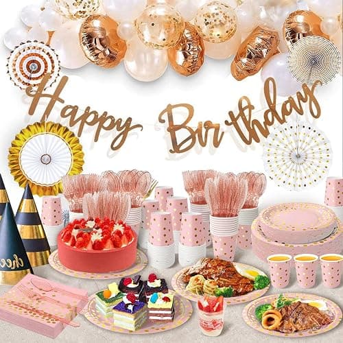 AIRE 175PCS Pink Rose Gold Plates Party Supplies Severs 25 Guests Disposable Party Decorations, Plastic Forks Knives Spoons, Golden Dot Paper Plates Napkins Cups for Baby Shower Birthday Wedding thumbnail 5