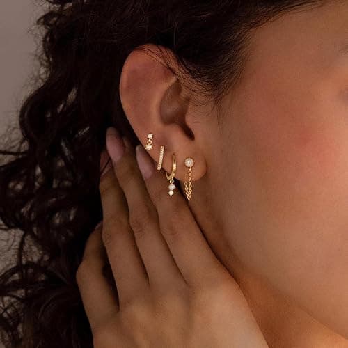 Gold Earrings for Women, 14k Gold Plated Dangle Huggie Earrings for Women Trendy Dainty Gold Hoop Earring Stacks Hypoallergenic Pearl Chain Drop Cartilage Earring Fashion Womens Jewelry thumbnail 5