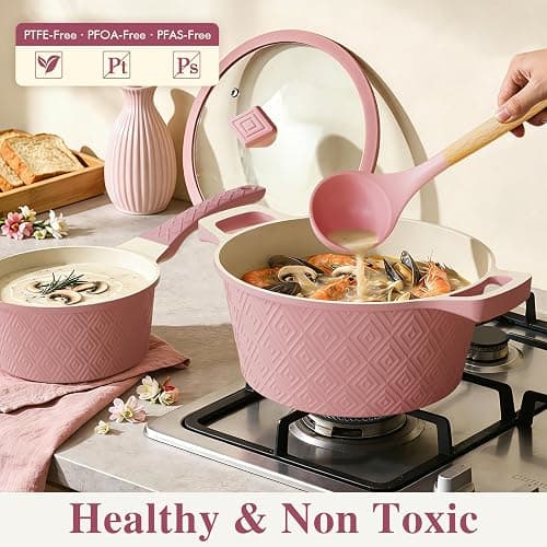 Pots and Pans Set Non Stick, 26PCS Nonstick Cookware Set, Induction Cook Ware, Includes Steamer & Silicone Utensils, Housewarming Gift, Pink Kitchen Cooking Sets w/Frying pan (PFOS, PFOA Free) thumbnail 7