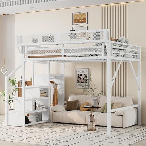KEIKI Queen Size Metal Loft Bed Frame with Convertible Staircase, Built-in Storage Shelves and Wardrobe, Loft Bed with Solid Slats, Guardrail, No Box Spring Required, Easy Assembly, for Bedroom, White thumbnail 4