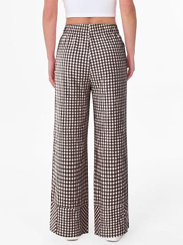 ANRABESS Womens Gingham Striped Wide Leg Palazzo Lounge Pants with Pockets | Checkered & Plaid PJ Pajama, Casual & Cute Boxer Bottoms, Elastic Waist Trousers with Pockets, Comfy Fall Outfits thumbnail 6