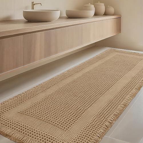 Extra Large Waffle Bath Mat, Boho Woven Modern Bath Rug Absorbent Non Slip, Soft Bathroom Mats, Machine Washable Knit Bath Rugs with Tassels for Bathroom, Bedroom, Kitchen, Shower, Tub, Beige, 5'x2' - Image 1