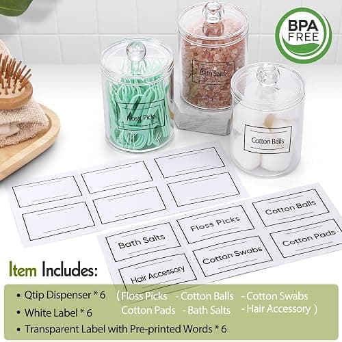 AOZITA 6 Pack Acrylic Qtip Holder Dispenser for Cotton,Swab, Ball, Round Pads, Floss Picks - Clear Plastic Apothecary Jar Set, Bathroom Canister Storage Organization, Vanity Makeup Organizer thumbnail 3