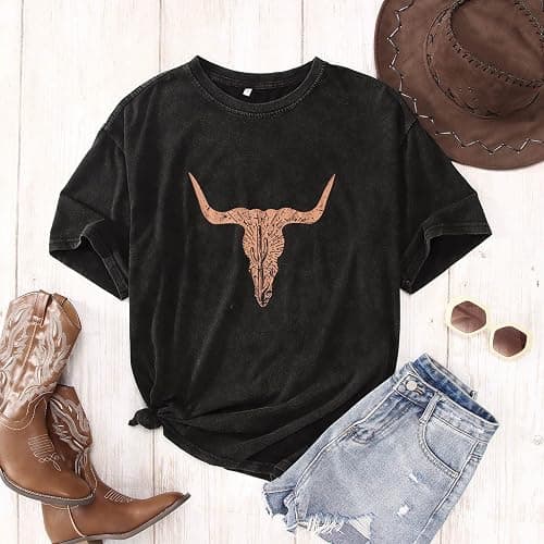 Rodeo Cow Skull Shirts for Women Vintage Western Bull Skull Graphic T-Shirt Retro Cowgirl Oversized Casual Tee Tops thumbnail 3