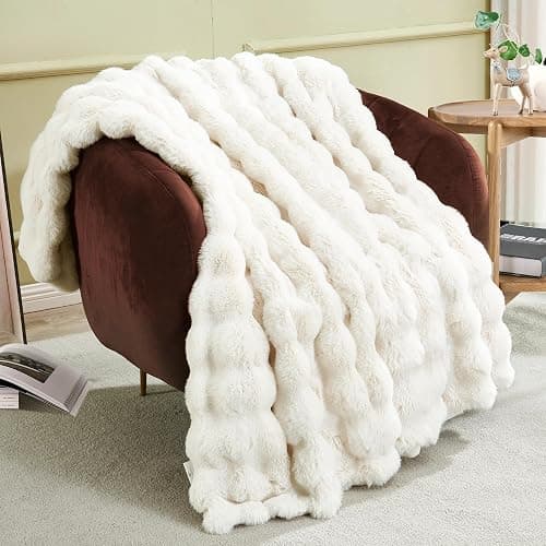 JONIYEAR Soft Fuzzy 900GSM Bubble Faux Rabbit Fur Throw Blanket 50" x 60", Double Sided Solid Thick Warm Fluffy Blanket for Winter, Luxury Cozy Puffy Shaggy Comfy Furry Blankets for Couch, Cream White - Cream White - 900gsm - Travel/Throw Size - 50" x 60" - Image 1