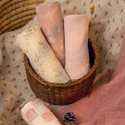 CIVARUA KIDS Muslin Swaddle Blankets for Newborn, 4 Pack Cotton Baby Blankets for Girls, Large 31.5 x 43.3 Breathable Soft Receiving Blanket, Essentials Swaddle Wrap Burping Clothes, Flowers thumbnail 7