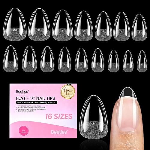 Beetles Gel Nail Tips Flat-X - Almond Short, 320pcs 16 Sizes, Pre-Etched Half Matte Full Cover Soft Acrylic Press on False Nail Extension Tips Easy DIY Salon for Flat & Natural Nail Beds - Image 1