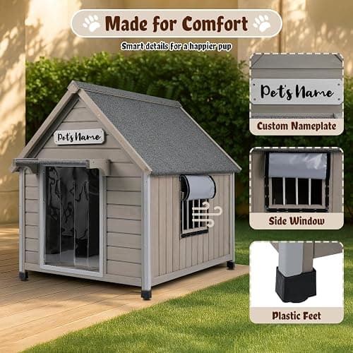 Ketive Outdoor Dog House, Weather-Resistant Wooden Shelter, Up to 60 lb | Reinforced iron frame, sloped asphalt roof, PVC door flap, adjustable vent window and raised feet for patios and backyards. thumbnail 3