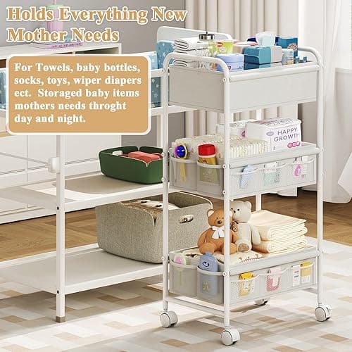 3-Tier Baby Diaper Caddy Cart Organizer,Mobile Nursery Organization with Wheels,with 2 Dividers & 14 Mesh Pockets Durable Metal Utility Cart for Nursery, Bedroom, Bathroom Essentials Organization - 17"Wx11"Dx32.45"H - White thumbnail 8