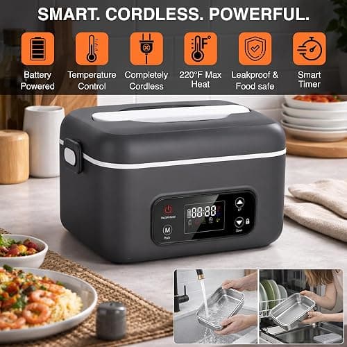 FALLCON F Heated Lunch Box, 1.2L (5.5 Cups) Cordless Electric Lunch Box with 24000mAh Battery, Portable Food Warmer for Work and Car, 5-Side Heating, Leakproof, Smart Timer & Display thumbnail 6
