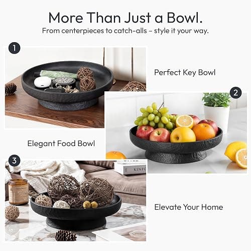Granite Inspired Matte Black Fruit Bowl | Wide, Shallow Textured Pedestal Bowl | 11 Inch Unique Centerpiece for Table or Decor for Entryway Table thumbnail 4