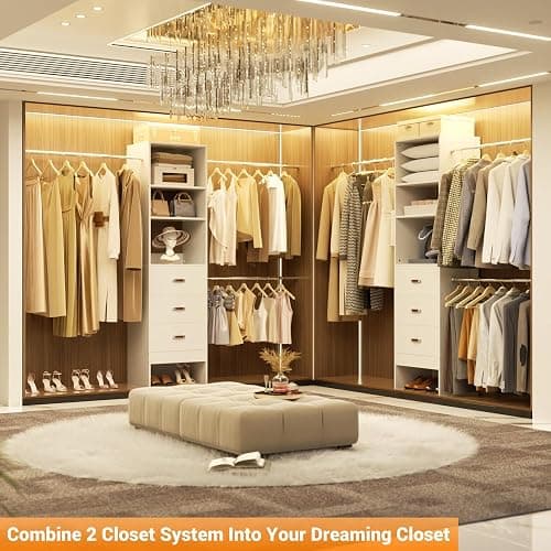 Homieasy 96 Inches Closet Organizer System, 8FT Customizable Walk In Closet Organizer with Hanging Rods, 3 Drawers Garment Rack with Leather Handle , 96" L x 16" W x 75" H, Max Load 1000 LBS, White thumbnail 5