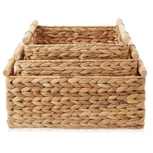 Casafield Set of 3 Water Hyacinth Rectangular Storage Baskets with Wooden Handles - Small, Medium, and Large Woven Nesting Baskets for Organizing thumbnail 4