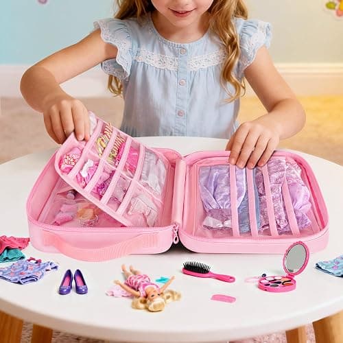 GRAOSO Carrying Case Compatible with Barbie Clothes, Doll Accessories Organizer Bag, 2 Front Transparent Windows, 2 Binders with Several Storage Pockets, Extra Pockets for Doll Stuff, Pink, Case Only thumbnail 5