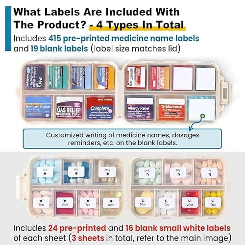 3 Pack 14 Grids Travel Pill Organizer Box with 415-Pcs Medicine Name Labels - Pocket Daily Pharmacy Case Container Kit - Travel Medication Holder Dispenser for Fish Oil Vitamin, Khaki+Pink+Sky Blue thumbnail 4