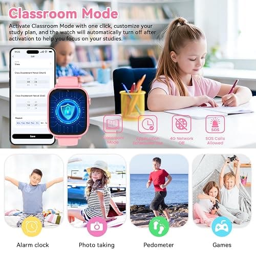 4G Kids Smart Watch Phone GPS, Smartwatch for Boys Girls Ages 4-12 Years with Video Call Chat Class Mode SOS Camera Alarm Games Parental App Touch Watch Gifts for Children (Includes SIM Card) Pink thumbnail 4
