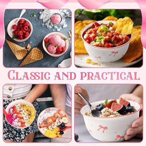 Reallnaive 4 Pcs Pink Bow Ceramic Bowls Set 4.5 Inch Coquette Cute Soup Bowl 12 Ounces Dessert Bowls for Kitchen Side Dishes Ice Cream Rice Soup Snack Cereal, Microwave and Dishwasher Safe thumbnail 3