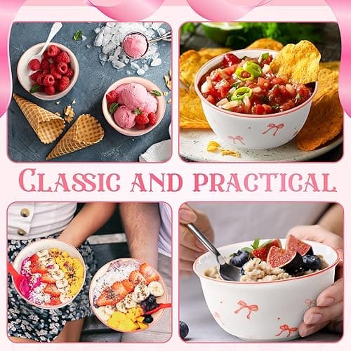 Reallnaive 4 Pcs Pink Bow Ceramic Bowls Set 4.5 Inch Coquette Cute Soup Bowl 12 Ounces Dessert Bowls for Kitchen Side Dishes Ice Cream Rice Soup Snack Cereal, Microwave and Dishwasher Safe thumbnail 4