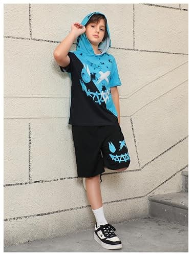 WDIRARA Boy's Two Piece Graphic Print Hooded Neck Tops and Track Shorts Clothing Set thumbnail 5