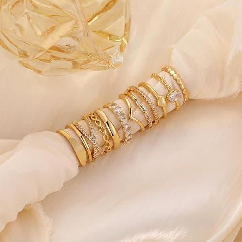 12 PCS Dainty 14K Gold Rings for Women, Eternity Open Chunky Twist Simulated Diamond Criss Cross Designs, Non Tarnish Gold Plated Stacking Thumb Ring, Perfect for Wedding Bands Size 5-11 thumbnail 2