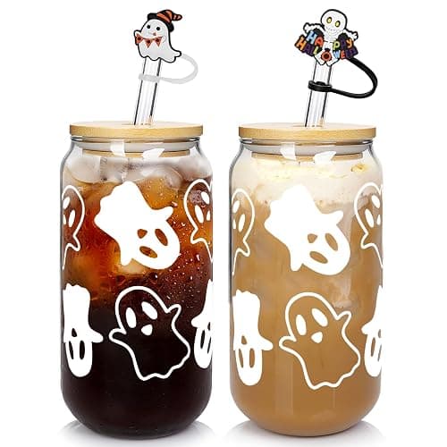 ANOTION Halloween Mugs - 18oz Halloween Ghost Decorations Glass Cups Tumbler for Iced Coffee, Glassware Cookie Jar Decor Gift Drinking Water Bottles - Image 1