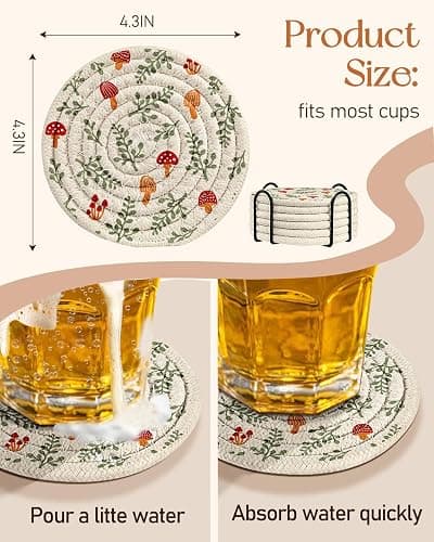 Kokaaee Cup Coasters for Drinks Absorbent - for Coffee Wooden Table Office Cute Farmhouse Outdoor Rustic Desk Kawaii Woven Women Kids Soft Cloth Braided Fabric Mushroom Coaster Set of 6 with Holder thumbnail 3