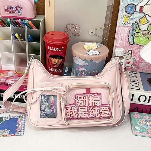 KeAiDMon Y2k Fashion Shoulder Bag Kawaii Lolita Ita Bag Badge Display Bag with Two Transparent Display Windows thumbnail 3