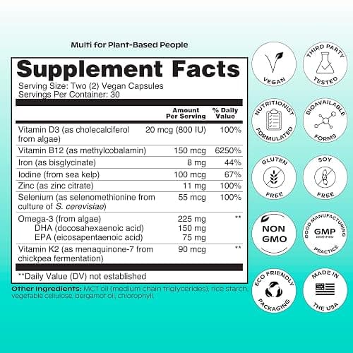 wholier Multi for Plant Based People, Multivitamin for Men & Women, Omega 3 DHA + EPA, Vitamin B12, D3, Iron, Iodine, Zinc, Selenium, K2 for Overall Wellness Support, Vegan, Gluten Free, 60 Capsules thumbnail 5