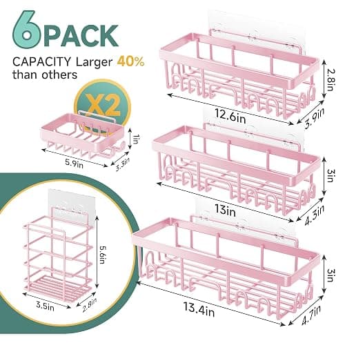 Veken Large Capacity Shower Caddy 6-Pack, No Drilling & Rustproof, Adhesive Shower Shelves with Soap Holder, Bathroom Organizers and Storage, Wall-Mounted Kitchen & Home Decor, Pink thumbnail 2