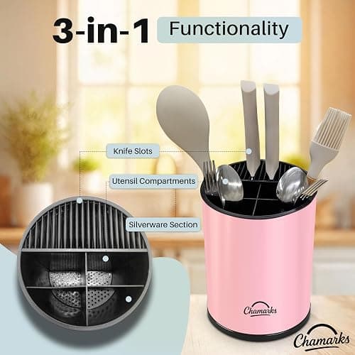 CHAMARKS 3-in-1 Kitchen Utensil Holder for countertop with Knife Block and Silverware Caddy. (Pink) thumbnail 3