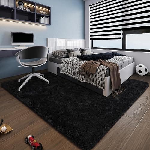 HOMORE Black Rug for Bedroom 4x6 Furry Carpet for Boys Girls Shaggy Fuzzy Rugs for Living Room Non Slip Large Rug for Kids Dorm Home Decor thumbnail 9