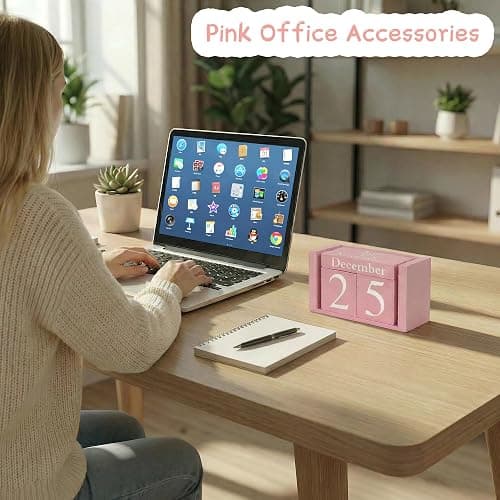 MICKYU Perpetual Wooden Desk Calendar - Pink Farmhouse Decor Block Calendar for Office, Home & Gifts - Reusable Daily Date Display thumbnail 6