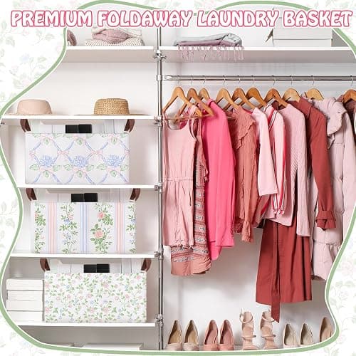 Boao 3 Pcs Blue Hydrangea Storage Bin Fresh Style Floral Collapsible Large Storage Baskets for Gifts Canvas Laundry Basket Foldable Box with Handle for Office Home Bedroom Clothes thumbnail 5
