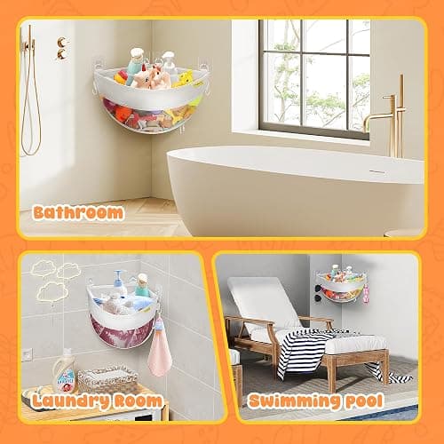 Bath Toy Storage Corner Wall Mounted, 4.32 Gallons Bath Toy Holder, Bottom Zipper Mesh Bathtub Toys Storage Organizer Bag, Quick Access Baby Shower Caddy Quick Dry Bathtub Toys Holder Accessory thumbnail 7