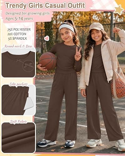 Custoneei Girls' 2 Piece Outfits 5-14Y Cute Sets | Tween Girls Casual Cute Sets, Teens Sweat Suits, Kid Long Sleeve Crew Neck Bow Top, Wide Leg Pants, Lightweight Fall Winter thumbnail 3