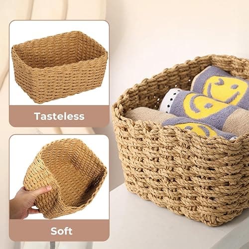 ZHHGOO Set di 5 Cestini Portaoggetti Intrecciato in Corda di Carta, Cestino Portaoggetti Colore Primario,Impilabile Organizer Fasciatoio, Decorazione Cestini Stoccaggio per Cameretta Salotto Ufficio thumbnail 6