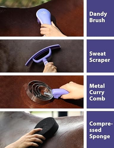Furrishine 9PCS Horse Grooming Kit Curry Comb Sweat Scraper Horse Bathing Supplies Grooming Tools with Storage Bag Sugar Taro thumbnail 4