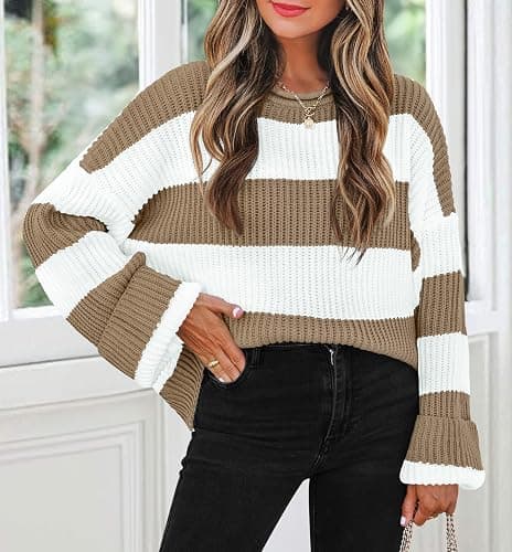 ZESICA Women's 2025 Fall Long Sleeve Oversized Striped Color Block Comfy Loose Crew Neck Knitted Pullover Sweater thumbnail 3