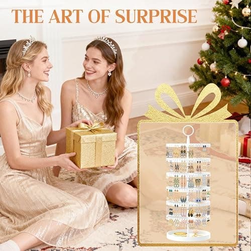 iDavosic.ly 6 Tier Rotating Earring Holder Organizer with Metal Tray, Adjustable Plastic Dangle Display Stands Tree with 342 Grooves, Large Hoop Storage Rack Tower, White thumbnail 4