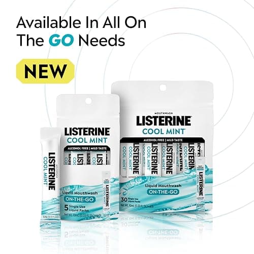 Listerine On-The-Go Cool Mint Alcohol Free Mouthwash Packets, Oral Rinse in Individual Packets Kills Bad Breath Germs, Less Intense Taste, Cool Mint Flavor, Mini Travel Size, 0.33 fl oz. Pack of 5 thumbnail 9