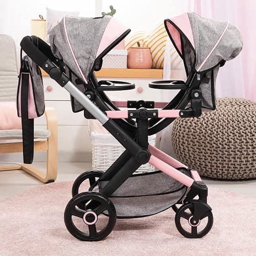 Bayer: Xeo Twin Pram - Butterfly Grey & Pink - Matching Handbag, Adjustable Handle, for Dolls Up to 20" thumbnail 2
