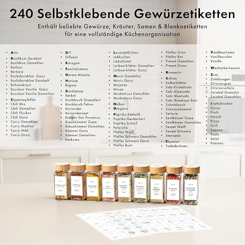EDELHAUS Gewürzgläser Eckig Set mit Bambusdeckel (24 x 120ml) Gewürzstreuer mit Streueinsatz und 240 Etiketten Weiß - Holzdeckel Gewürzbehälter, Gewürzdosen, Gewürze organizer [11cm x 4,5cm] thumbnail 6