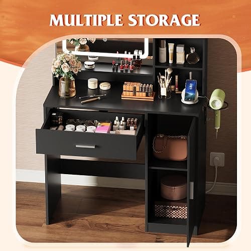 WLIVE 35‘’ Modern Makeup Vanity Desk with Mirror and Lights, Dressing Table with Storage Drawers and 3 Open Shelves for Bedroom, Makeup Table with Power Outlets and Hairdryer Holder, Black thumbnail 5