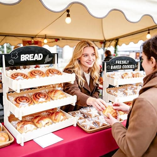 Cookie Display Stand for Vendors,Wooden Bakery Display Stand for Bakers,Tool-Free Stand with Chalkboard Sign for Market Booths &Craft Fairs.Tiered Dessert Stand for Cupcakes, Muffins & Pastries.Easy Assembly Fit for Small Shop & Events. thumbnail 2
